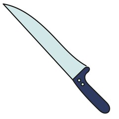 Large kitchen knife with blue handle. Vector illustration isolated on white background.