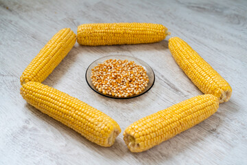 geometric figure of corn cobs in the center of peeled grains