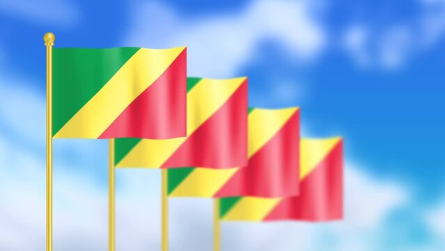 Four national flag of republic of the Congo waving in wind focused on first flag and blue sky motion animation