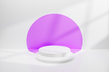 Abstract minimal empty podium with circle stairs and colors on the wall. Empty room concept with half semi circle on natural lighting. Rendering 3d shape, product display presentation.