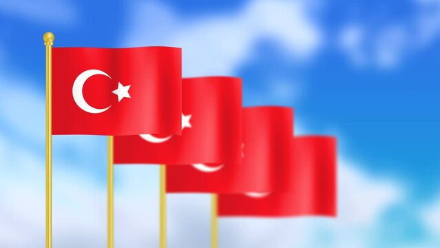 Four national flag of turkiye waving in wind focused on first flag and blue sky motion animation