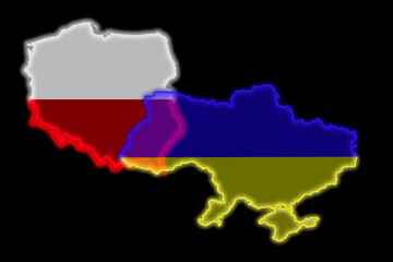 relations between the countries of Ukraine and Poland, assistance to Ukraine in the war, maps of countries on a dark background