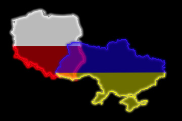 Obraz premium relations between the countries of Ukraine and Poland, assistance to Ukraine in the war, maps of countries on a dark background