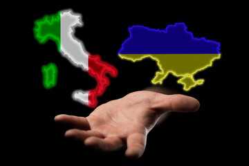 relation of the countries of Ukraine and Italy, assistance to Ukraine in the war, maps of countries in hand on a dark background