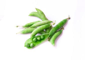 green peas open and closed pod with grains on isolated background