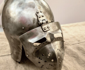 iron helmet with visor protection of medieval warrior in war