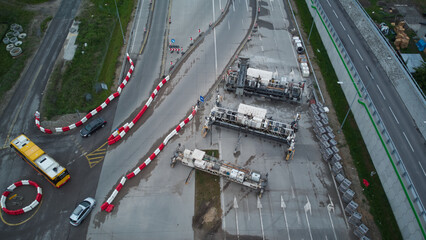 Drone view of machines prepared for layering during road construction