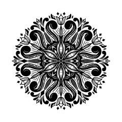Black and white circle flower pattern in vintage mandala style for tattoos, fabrics or decorations and more