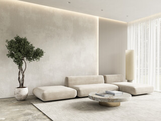 Contemporary beige white interior with furniture and decor. 3d render illustration mockup.