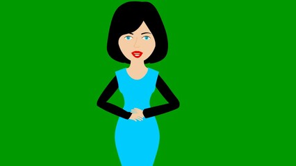 Animated speaking girl in blue dress. The woman constantly tells something and gestures with her hands. Black hair. Flat vector illustration isolated on green background.