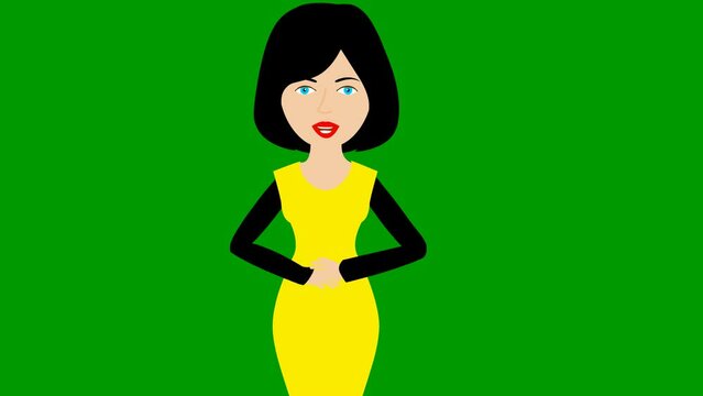 Animated speaking girl in yellow dress. The woman constantly tells something and gestures with her hands. Black hair. Flat vector illustration isolated on green background.