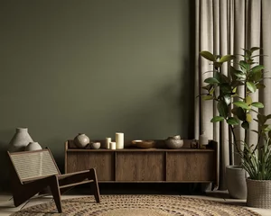 Fotobehang Green interior with dresser, lounge chair, plants and decor. 3d render illustration mockup. © YKvisual