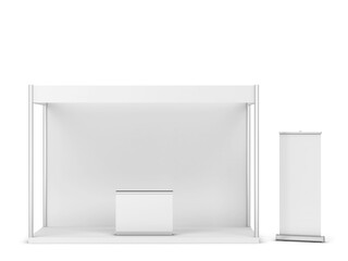 Blank tradeshow booth with counter and rollup banner