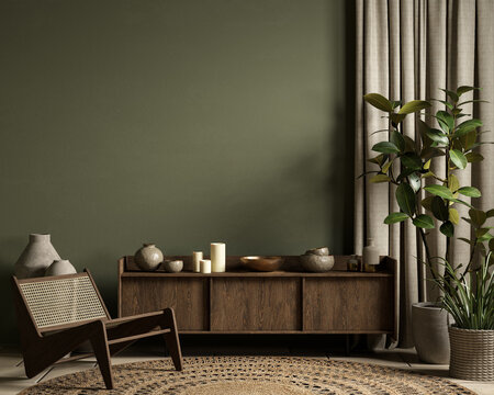 Green interior with dresser, lounge chair, plants and decor. 3d render illustration mockup.