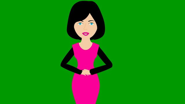 Animated speaking girl in pink dress. The woman constantly tells something and gestures with her hands. Black hair. Flat vector illustration isolated on green background.
