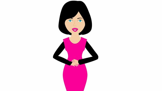 Animated speaking girl in pink dress. The woman constantly tells something and gestures with her hands. Black hair. Flat vector illustration isolated on white background.