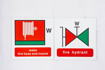 Water fire hose, nozzle and fire hydrant notice, sign