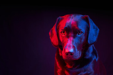 Black Labrador Portrait on black background with blue and red light