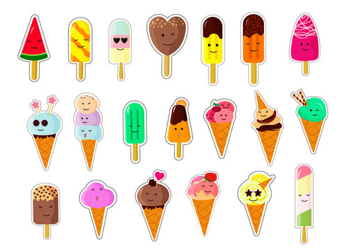 Set of kawaii ice cream characters. Cute cartoon stickers. Vector illustration. For covers, notebooks, childrens games.