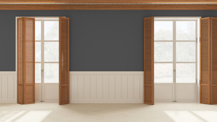Interior design background, empty room in white and gray tones with parquet floor and wooden ceiling. Two windows with shutters opening on garden panorama, Wall panel with moldings