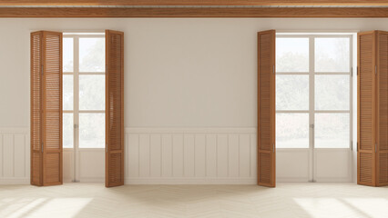 Fototapeta na wymiar Interior design background, empty room in white tones with parquet floor and wooden ceiling. Two windows with shutters opening on garden panorama, Wall panel with moldings