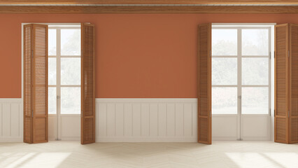 Fototapeta na wymiar Interior design background, empty room in white and orange tones with parquet floor and wooden ceiling. Two windows with shutters opening on garden panorama, Wall panel with moldings