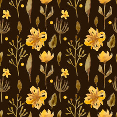Fototapeta na wymiar Delicate pattern with yellow flowers and branches on a brown background. Seamless. Watercolor illustration. Nature. Blossom. Leaves. Print on fabric and paper. Floral ornament. Handmade work. Design.
