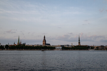 River Daugava flows through Latvia capital Riga. Riga cityscape 