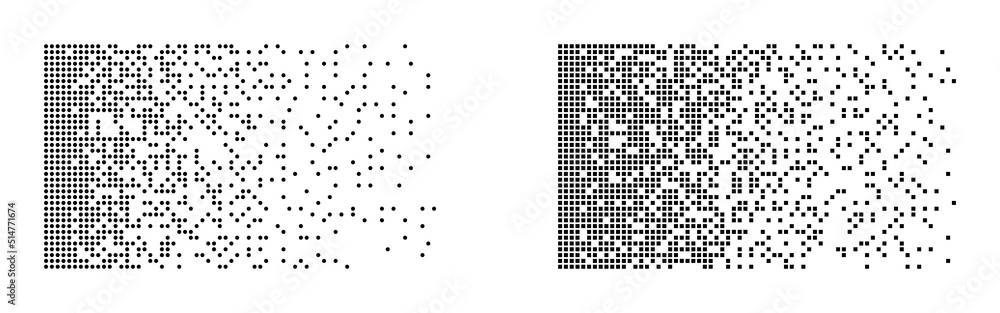 Poster disintegration set. black and white dots. big data concept. broken pixel mosaic. future technology. 