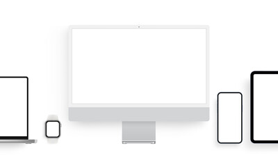 Modern Devices Mockups With Blank Screens. Monitor, Laptop, Tablet, Phone, Smart Watch. Vector Illustration