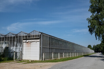 Plakat long industrial glass greenhouse along the road