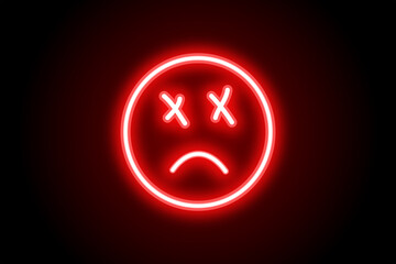 Glowing neon red sad emoji icon sign 