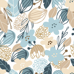 autumn floral seamless pattern. Abstract tiles in hand drawn style. Scandinavian background in earthy palette. Print for textiles, scrapbooking, wallpapers, digital paper. Vector illustration, doodle