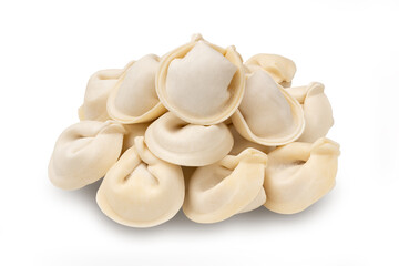 bunch of fresh frozen dumplings ready for cooking, isolated on white background. Full depth of field.