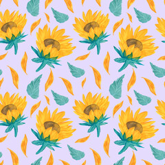 Fototapeta na wymiar Watercolor seamless pattern with yellow sunflowers on a violet background. Repeating, wedding,texture hand painted print. Design for textiles, fabric, wrapping paper, printing.
