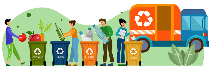 A set of illustrations on the theme of garbage sorting. The characters sort their garbage, throw it into the right container for further processing. Waste sorting containers, garbage disposal machine.