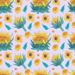 Watercolor seamless pattern with yellow sunflowers on a violet background. Repeating, wedding,texture hand painted print. Design for textiles, fabric, wrapping paper, printing.