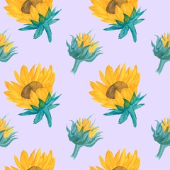 Watercolor seamless pattern with yellow sunflowers on a violet background. Repeating, wedding,texture hand painted print. Design for textiles, fabric, wrapping paper, printing.