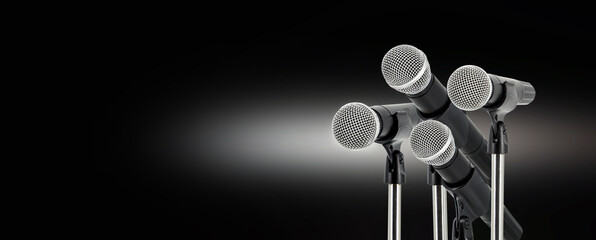 Press conference microphone with background or concept of performance speaker speech comment and public speaking