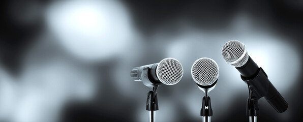 Press conference microphone with background or concept of performance speaker speech comment and...