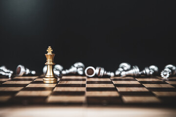 Close up king chess stand with falling chess concept of team player or business team and leadership...