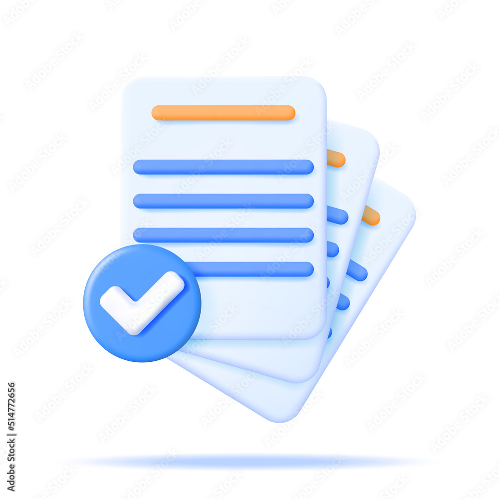 Poster 3d approved documents papers icon isolated. stack of sheets with approval check mark render. busines