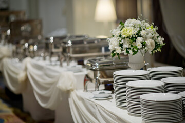 buffet food, catering food party at restaurant, mini canapes, snacks and appetizers
