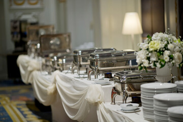 buffet food, catering food party at restaurant, mini canapes, snacks and appetizers
