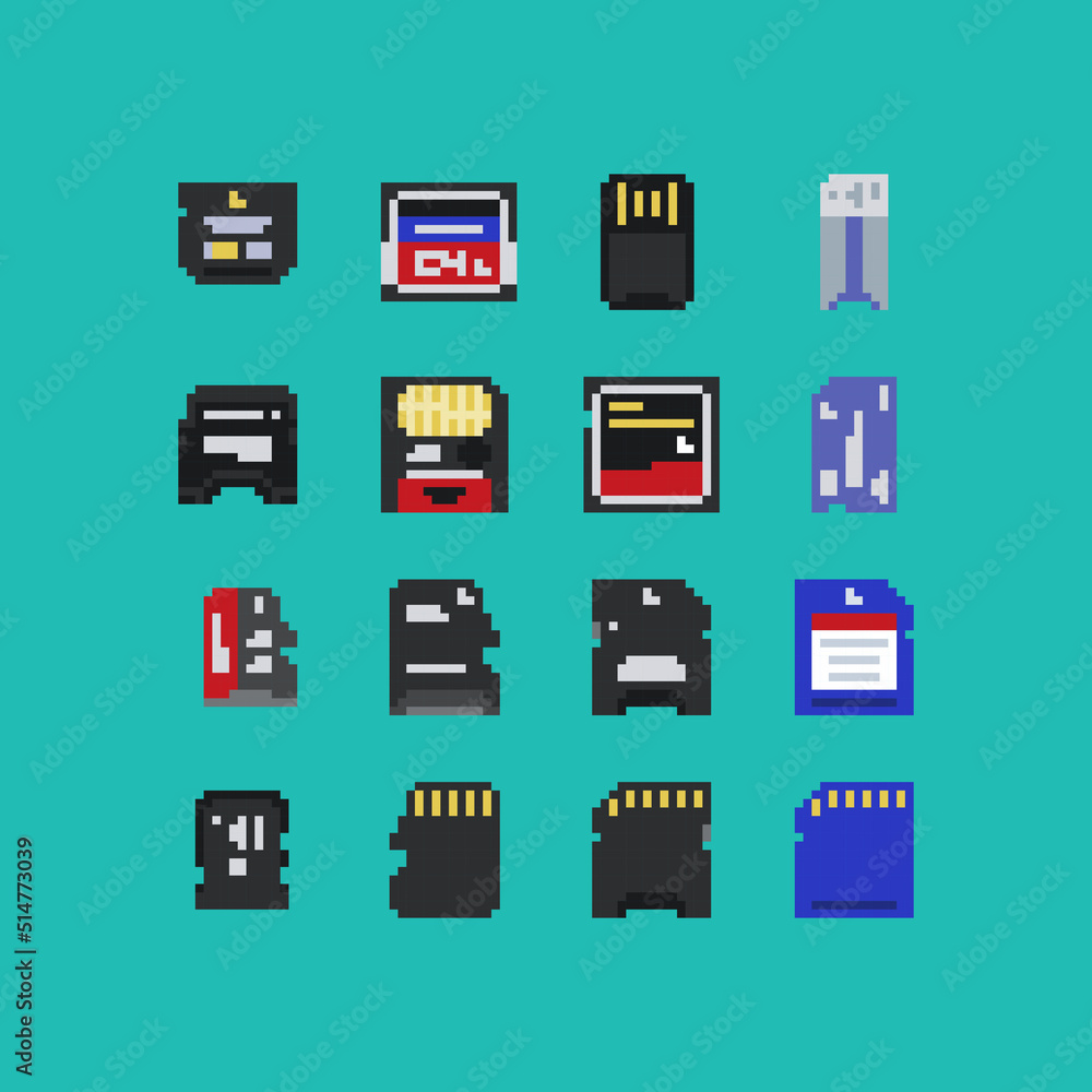 Poster pixel art phone and photo memory data storage card vector 8 bit icon set on light blue background. v