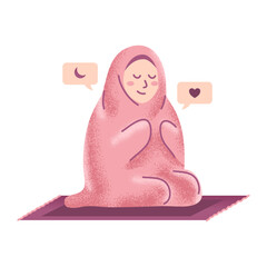 Muslim hijab woman wearing pink mukena praying to god