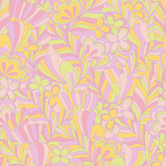 Fototapeta premium Pastel candy hippie seamless pattern. Vector nostalgic retro 60s groovy print. Vintage floral background. Textile and surface design with old fashioned hand drawn naive geometric flowers