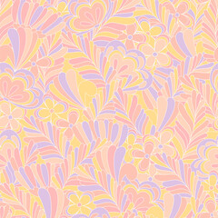 Fototapeta na wymiar Pastel candy hippie seamless pattern. Vector nostalgic retro 60s groovy print. Vintage floral background. Textile and surface design with old fashioned hand drawn naive geometric flowers