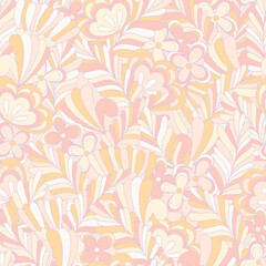 Pastel candy hippie seamless pattern. Vector nostalgic retro 60s groovy print. Vintage floral background. Textile and surface design with old fashioned hand drawn naive geometric flowers