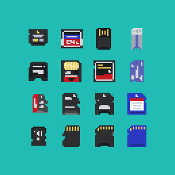Pixel art phone and photo memory data storage card vector 8 bit icon set on light blue background. Video game 8-bit sprite.